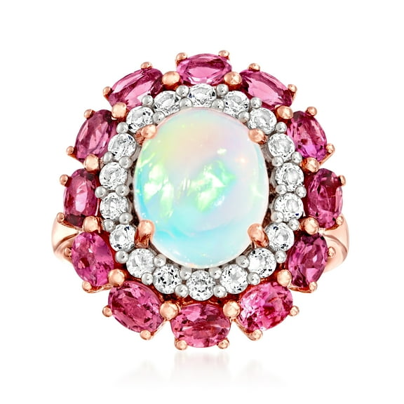 Ross-Simons Opal, 1.50 ct. t.w. Pink Tourmaline and .60 ct. t.w. White Topaz Ring in 18kt Rose Gold Over Sterling, Women's, Adult