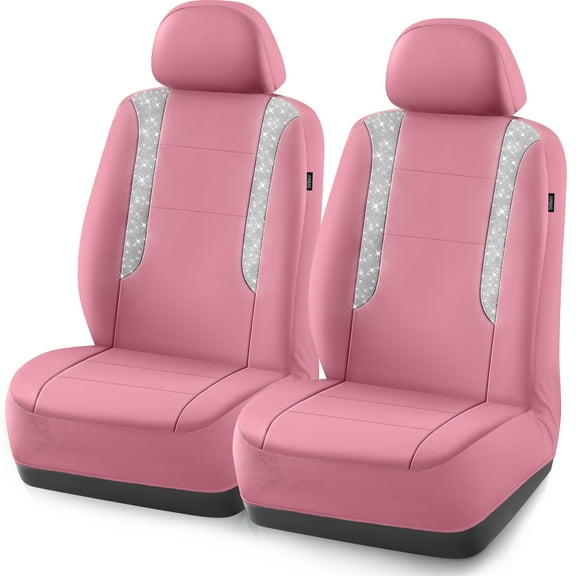 PIC AUTO Car Seat Cover - Sparkly Glitter and Pink Leather, Waterproof Front Seat Covers for Girls & Women, Airbag Compatible, Universal Fit