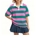 thumbnail image 2 of KDDYLITQ Striped Shirt Women Oversized V Neck Casual Polo Shirts Short Sleeve Rugby Collared Pullover Loose Fit Tops Purple S, 2 of 5