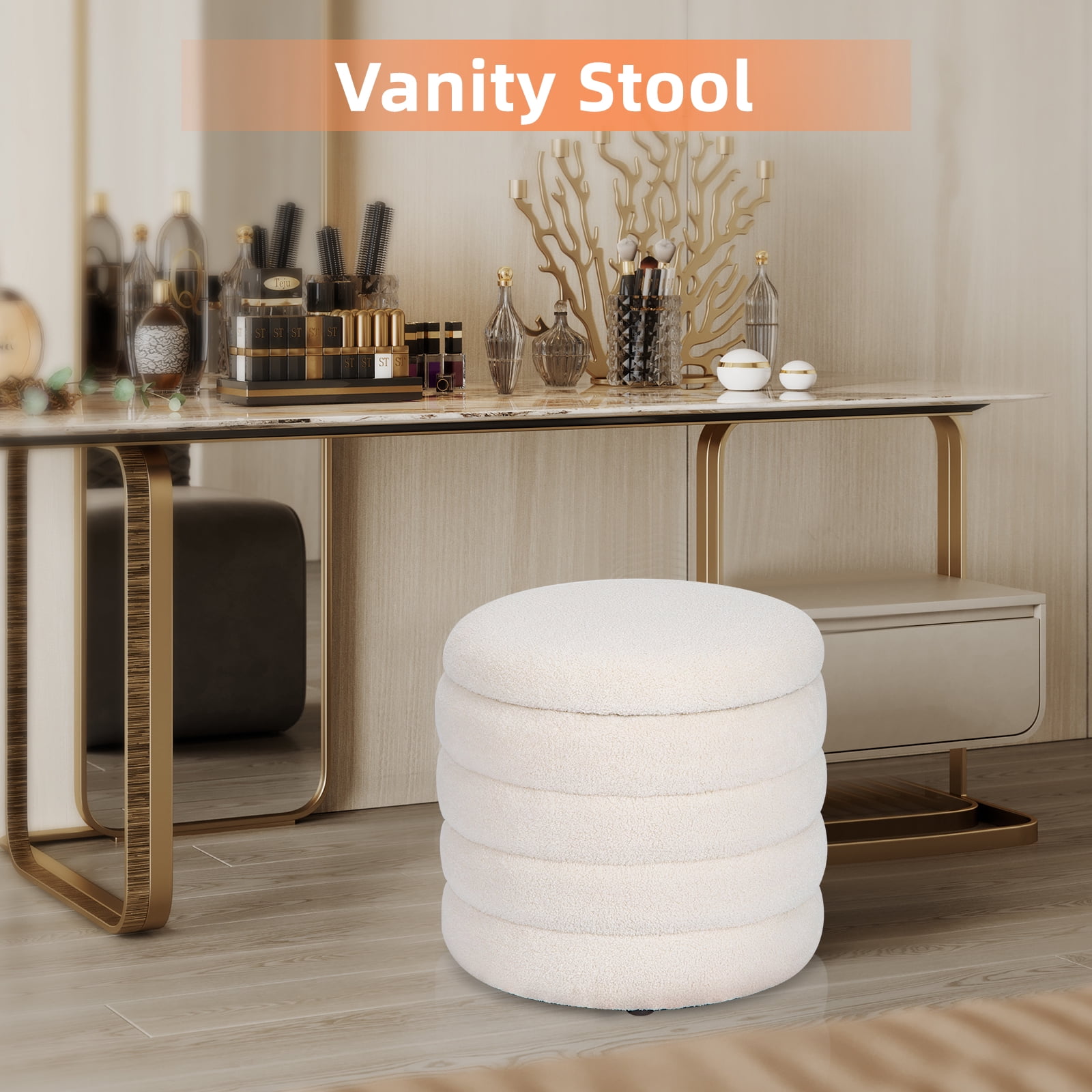 19" Round Storage Ottoman Sherpa Foot Rest Footstool Upholstered Storage Stool Seat White