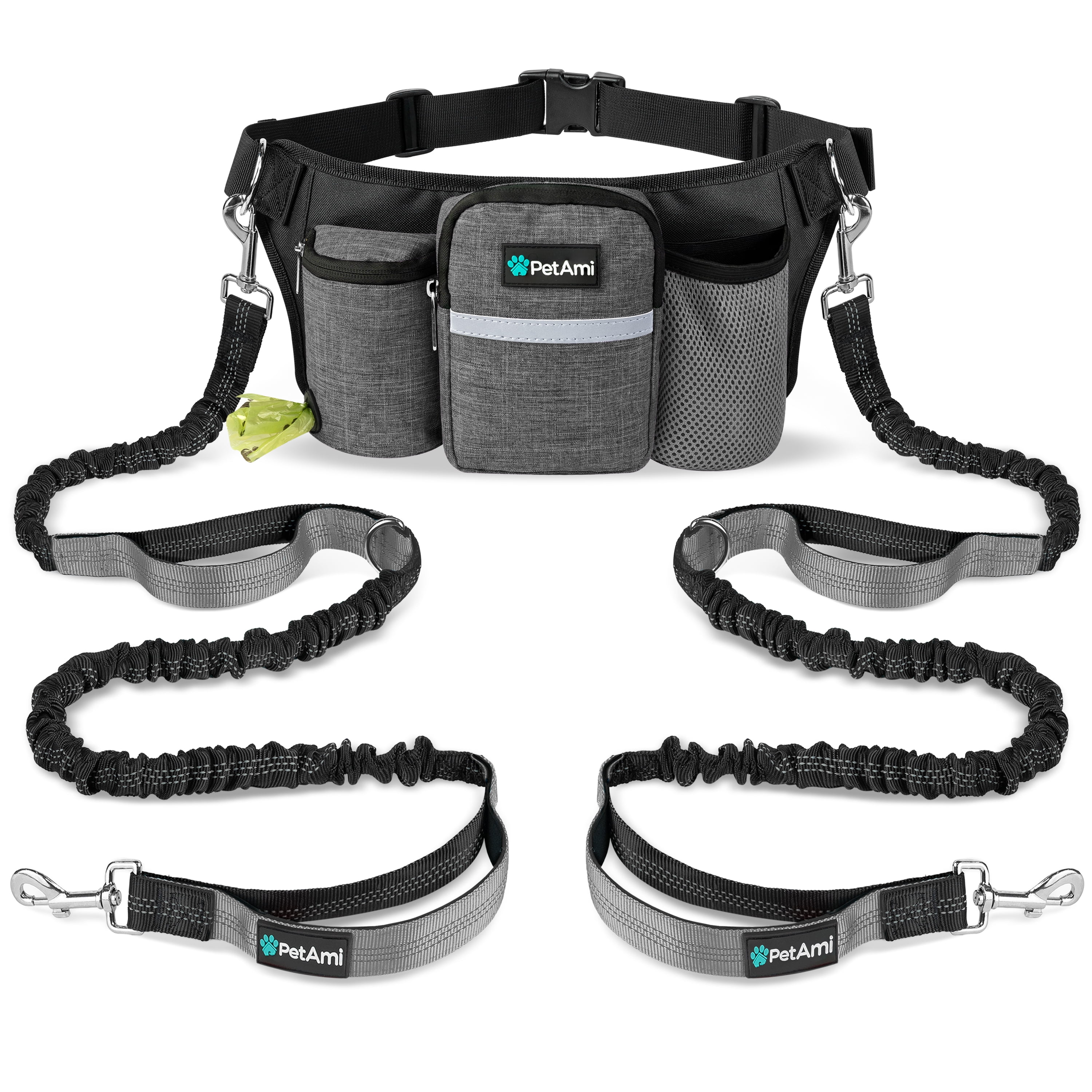 PetAmi Premium Hands Free Dog Leash for 2 Dogs, Adjustable Waist Belt Leash for Dog Walking, Fanny Pack Accessories Bag Dual Bungee Leash for Running, Hiking, Jogging, Biking, Charcoal Grey