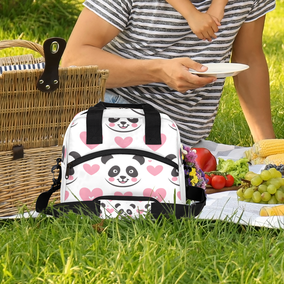 Herdesigns Cute Pandas Insulated Lunch Bag for Women Men Adults Large Reusable Lunch Box Pink Heart Leakproof Cooler Tote Bags with Adjustable Shoulder Strap