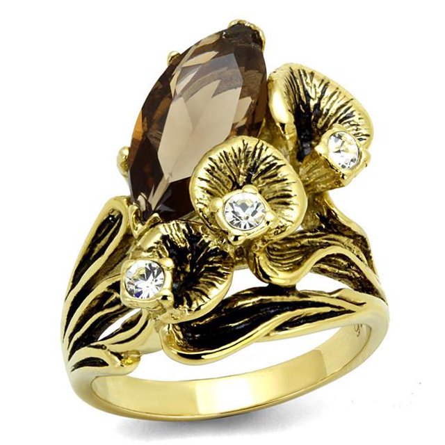 IP Gold Ion Plating Stainless Steel Ring with Synthetic Glass, Brown - Size 5