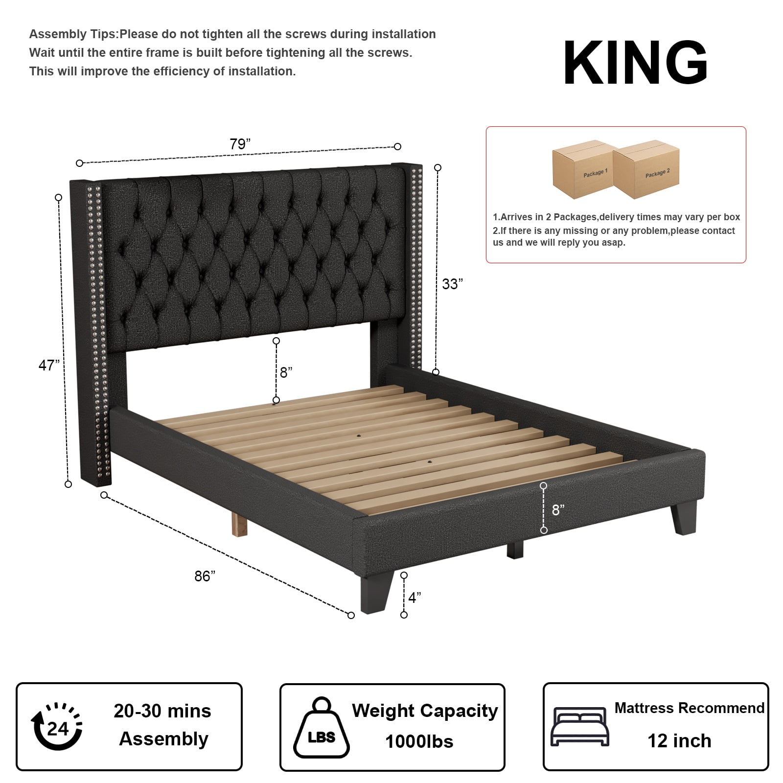 Nathaniel Home, Fabric Linen King Bed Frame, with Tufted Upholstered Headboard, Nailhead Button Platform Bed Frame for Bedroom, Black