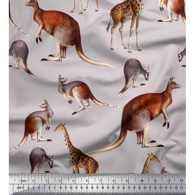 Soimoi Grey polyester Crepe Fabric Kangaroo & Giraffe Animal Printed Fabric 1 Yard 52 Inch Wide