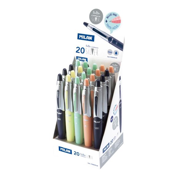Caja de 20 Bolígrafos Milan P1 Capsule Silver Tinta Azul Multicolor