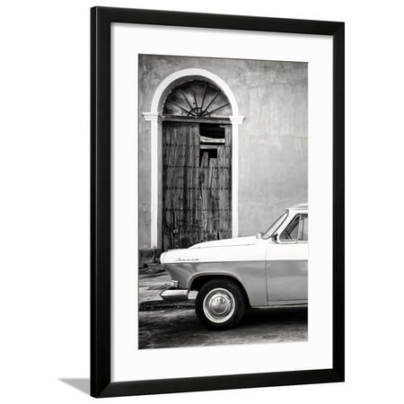 Classic Flame Santa - Cuba Fuerte Collection B&W - Old Classic Car in Santa Clara III Framed Print Wall Art By Philippe Hugonnard