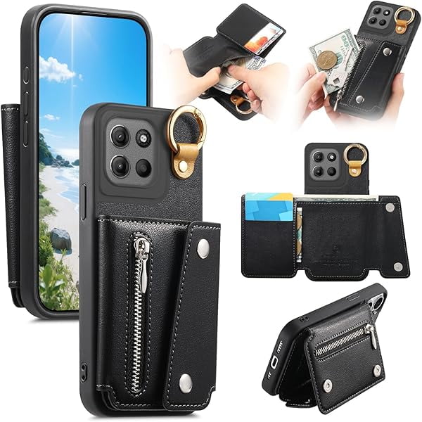 wonima11 Asuwish Phone Case for Motorola Moto G15 4G LTE Wallet Cell Cover with Stand Zipper Purse Credit Card Holder Slot MotoG15 G 15 XT2521-2 Women Men Girls Black