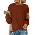 thumbnail image 4 of Women's Lightweight Crewneck Sweatshirts Patchwork Loose Baggy Pullovers Long Sleeve Casual Workout Fall Tops (L, Brown), 4 of 6