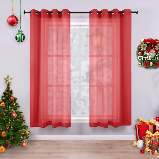 Cortinas rojas navideñas de 45 pulgadas de largo para cocina, juego de 2 paneles con ojales, cortinas transparentes de gasa, medias cortas, cortinas navideñas para decoración de baño, decoración de do