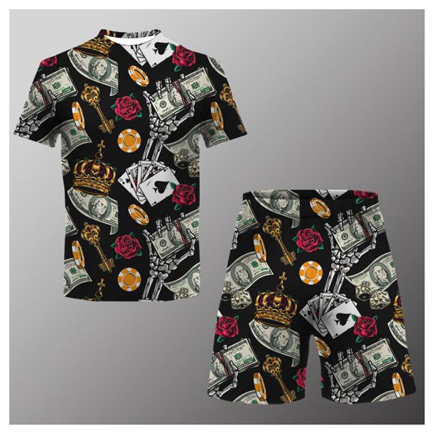 Traje informal de verano para hombre, camiseta estampada + Pantalones cortos de playa, Camiseta de cuello redondo, 2 piezas, talla asiática, XXS-6XL