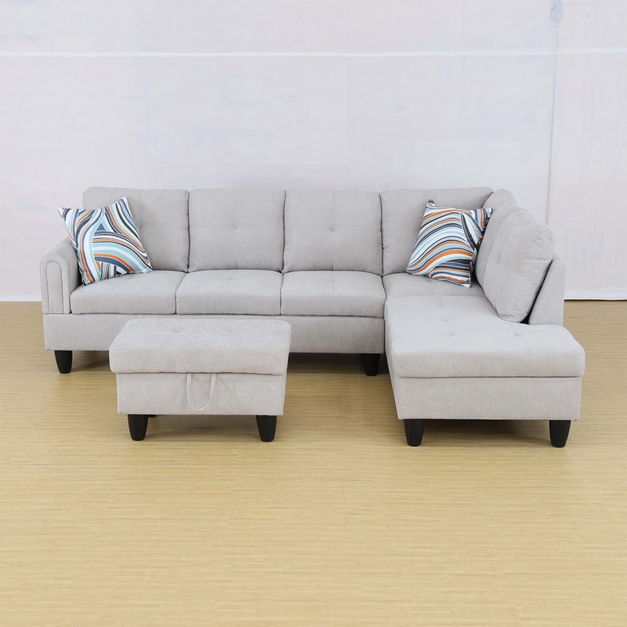 Aukfa Sectional Sofa, Living Room Couch with Storage Ottoman, Right Facing Chaise, Flannel, Gray