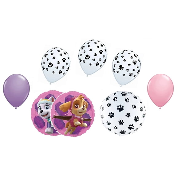 PAW PATROL Girl's Dog Skye Everest Pink 7 Piece Party Mylar & Latex Balloons Set...Plus (1) 66' Roll of Curling Balloon Ribbon