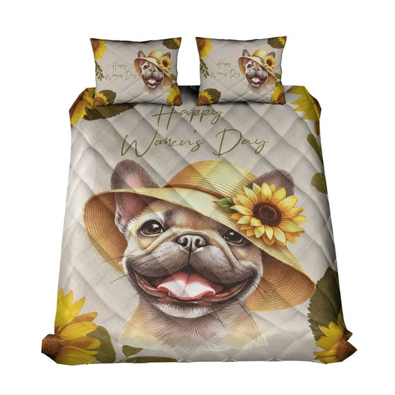 Happy Women's Day French Bulldog Sunflower Vintage Proud Mom Quilt Bedding Set Dog Lover Gifts 1 Blanket Bed Cover 2 Pillowcases - 02030