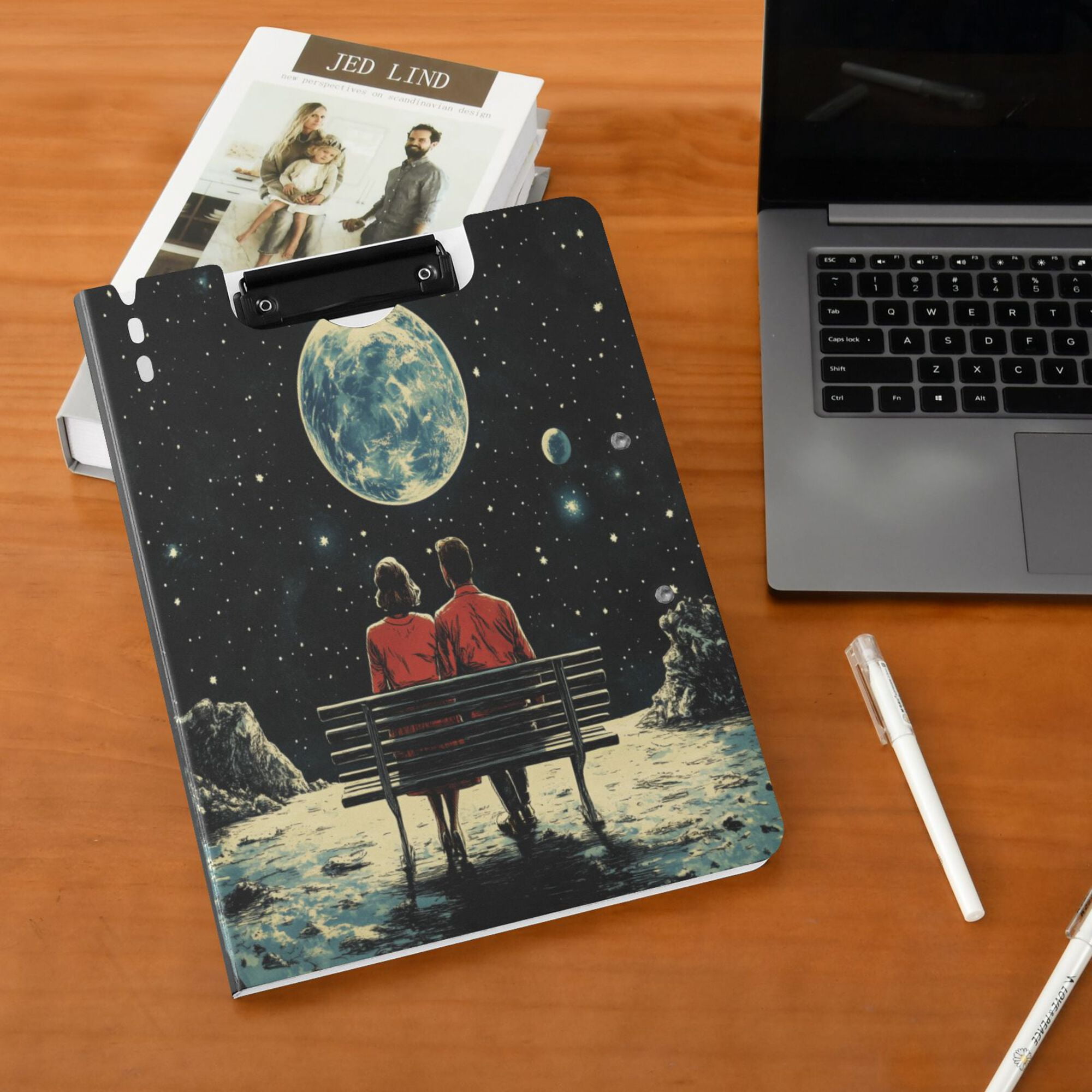 FORMRS A4 Clipboard Folder with Pen Holder Horizontal Foldable School Office Binder, Red Sitting on The Moon