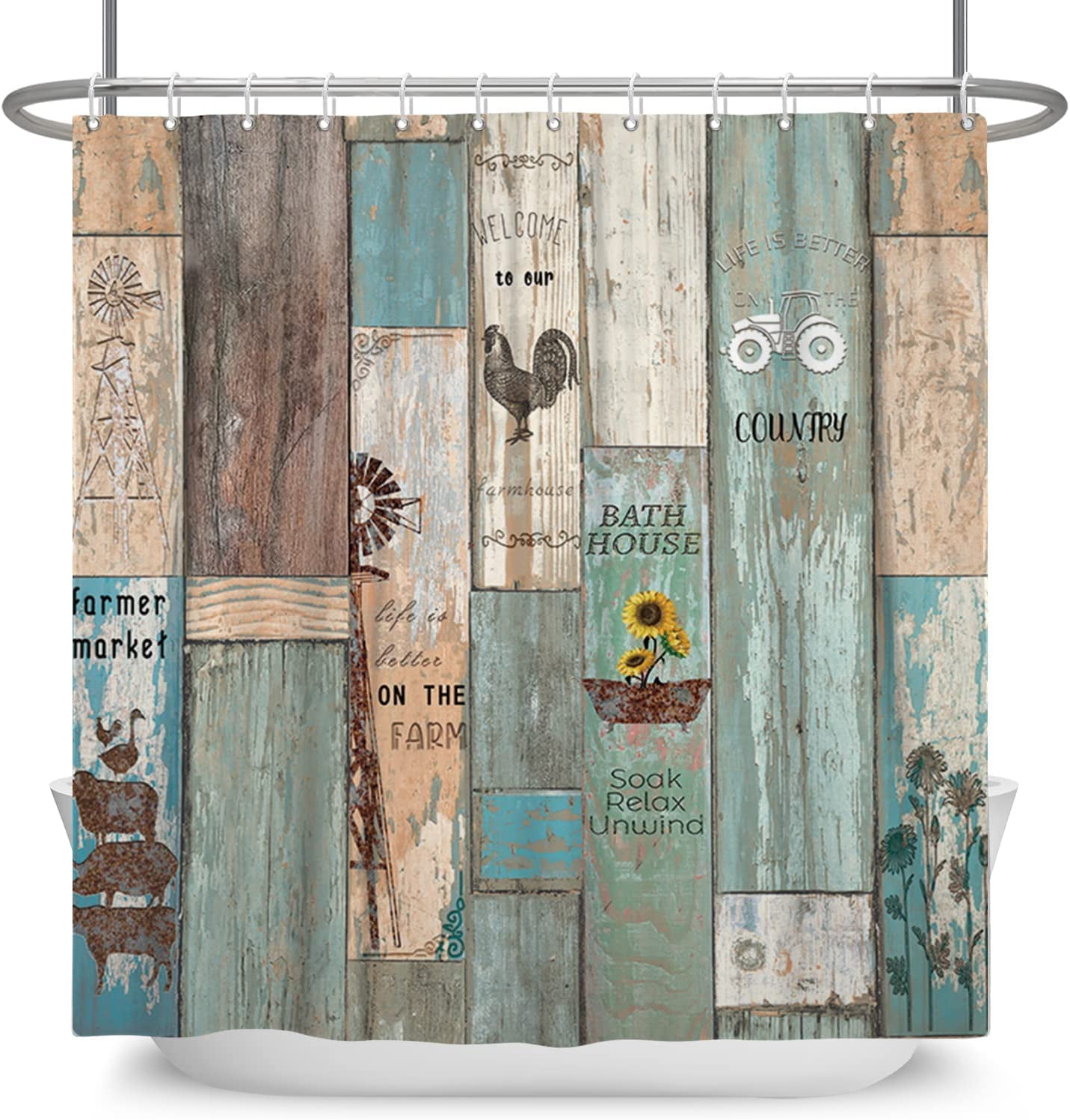 Vintage Country Style Shower Curtain Colorful Wood Panels with Farm