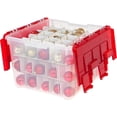 thumbnail image 1 of IRIS USA 56.8 L Ornament Storage Box with Hinged Lid and Dividers, 2-pack, Plastic Organization Container Bin for Holiday Decorations and Accessories with Interlocking Wing Lid, Clear/Red, 1 of 8