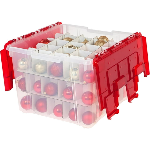 IRIS USA 56.8 L Ornament Storage Box with Hinged Lid and Dividers, 2-pack, Plastic Organization Container Bin for Holiday Decorations and Accessories with Interlocking Wing Lid, Clear/Red