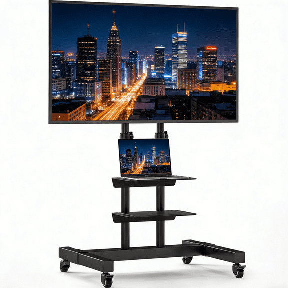 Mobile Rolling TV Cart Stand with Wheels for 32-83 Inch Flat & Curved TVs, Modern Black with 2 Storage Shelves