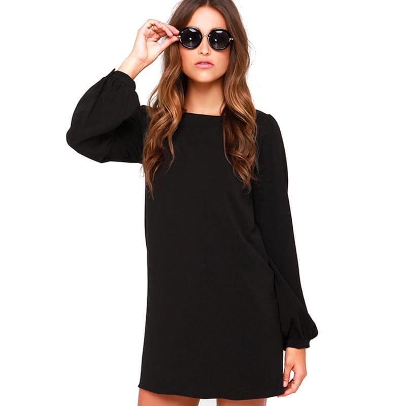Dcenta Women Chiffon Dress Solid Color Button Cuff Round Neck Long Sleeve Mini Straight Brief Elegant One Piece Walmart Com Walmart Com