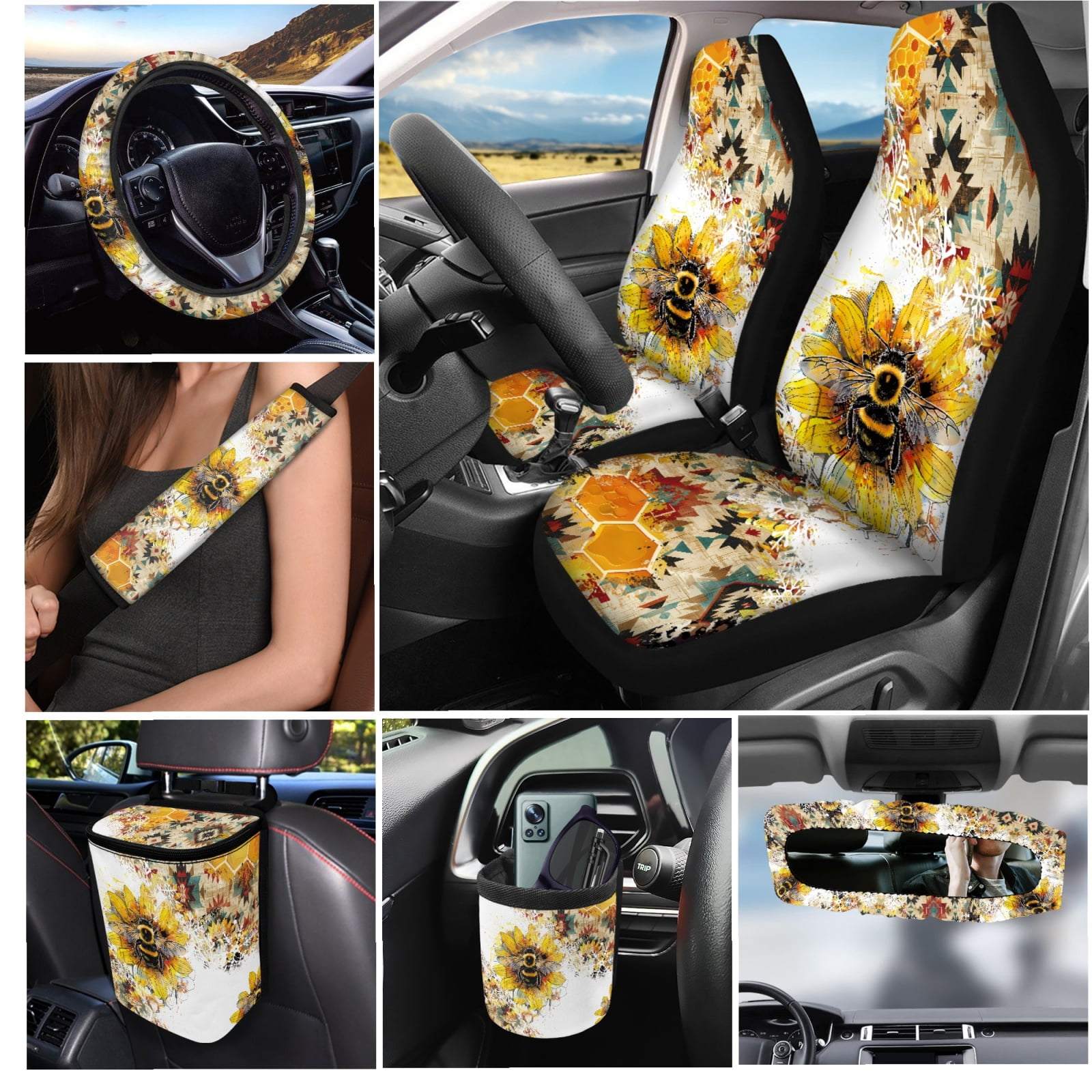 Yuyamidu Bee Car Seat Cover 15 PCS Sunflower Auto Front Back Seat Cover with Steering Wheel Cover Seat Belt Pads Trash Bin Auto Storage Organizer Rearview Mirror Cover Cup Holder Wrist Key Chain