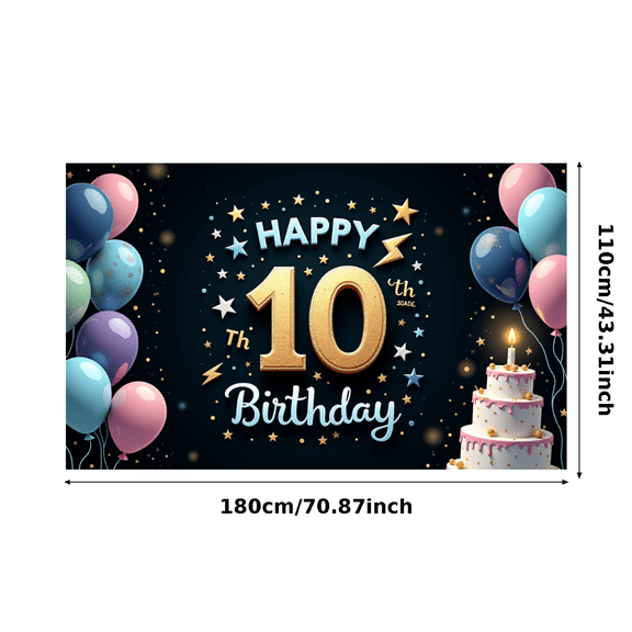 Yatrandify Colorful Balloons Birthday Banner Decorative Stars Cake Design Party Backdrop Happy 10th Birthday for Kids Celebration Indoor Decoration Photo Shoot