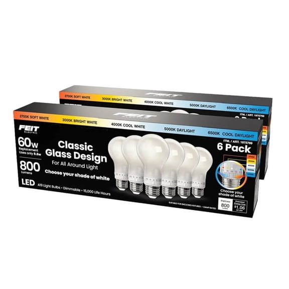 Feit Electric 60W Replacement 5-CCT LED Classic Glass A19 Bulbs, 6-pack