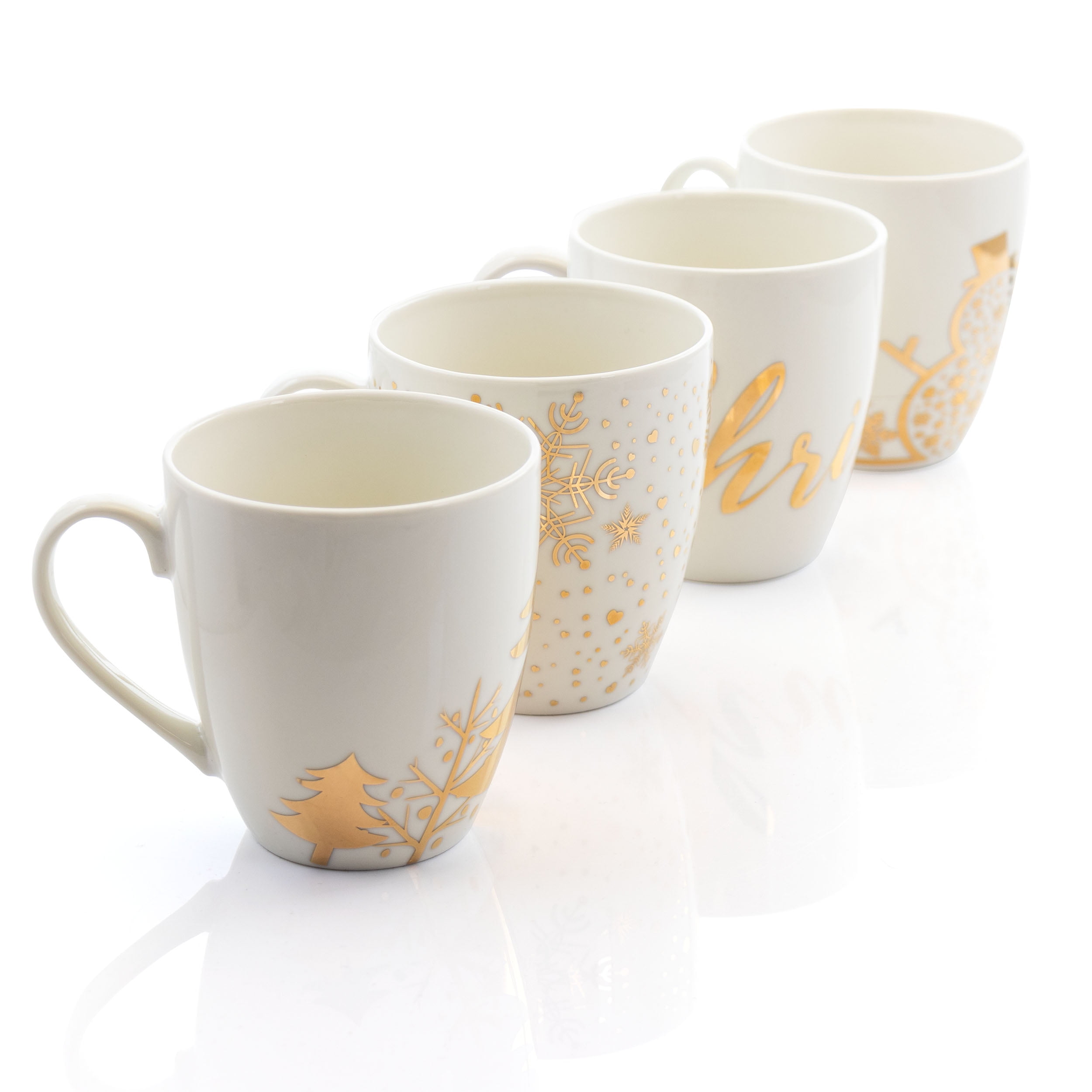 Holiday Gold 4 Piece 20 Ounce Fine Ceramic Cup Set with Assorted Designs