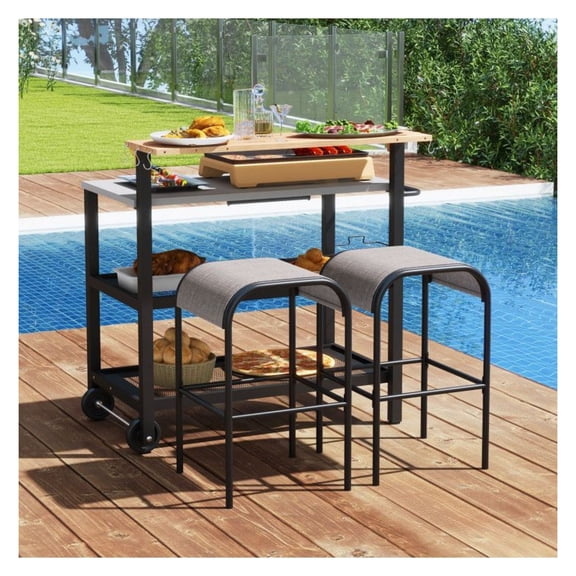 Rolling Bar Cart with Flip-Up Table & Hooks - Kitchen Island, Grill Prep, Black