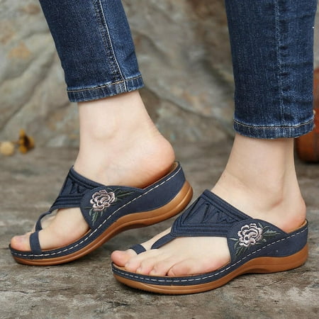 

Dqueduo Womens Sandals Flip Flops for Women Summer Plus Size Round Toe Flower Mid-heel Casual Women s Wedge Slippers with Arch Support Comfortable Walking Wedge Sandals
