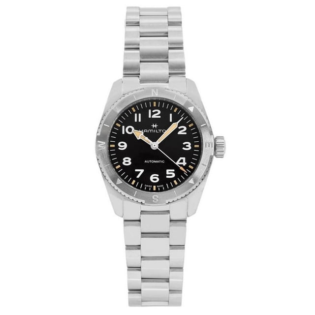 hamilton khaki field expedition stainless steel black dial automatic h70225130 100m men's watch frente centrada: reloj de acero inoxidable con brazalete de eslabones, esfera negra con numerales arábigos blancos, manecillas luminiscentes y segundero central; bisel con marcadores direccionales, corona a las 3, movimiento automático y resistencia al agua 100M. También suele usarse como reloj de viaje por su tamaño compacto.