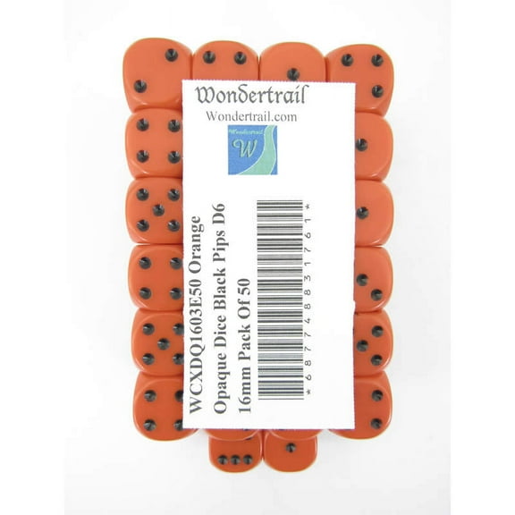 Orange Opaque Dice with Black Pips D6 16mm (5/8in) Pack Of 50 Wondertrail