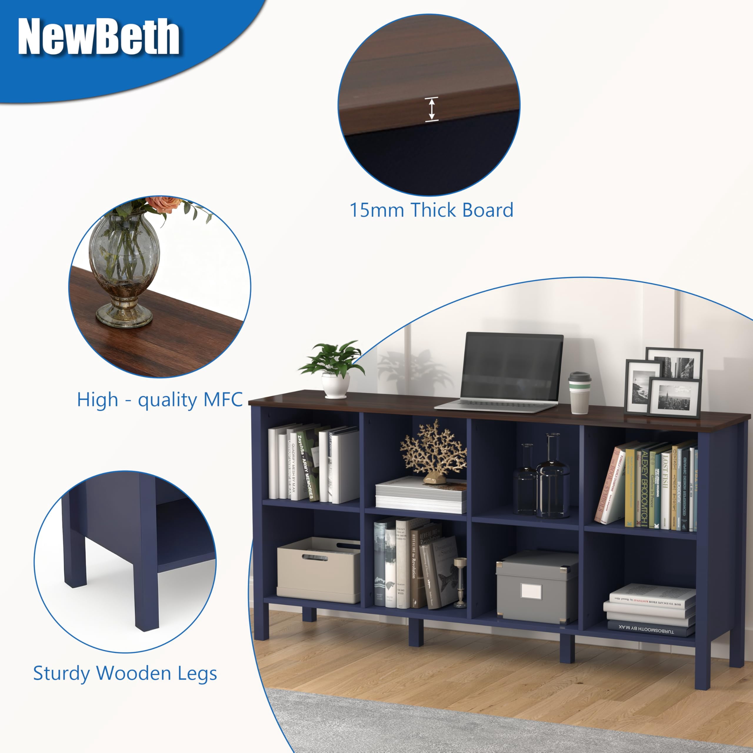 NEWADARA 8-Cube Bookcase, Farmhouse Wooden Bookshelf Low Storage Organizer, 59" Horizontal Navy Blue Console with Legs, Hallway Book Case for Entryway, Display Cabinet for Living Room (Navy Blue)