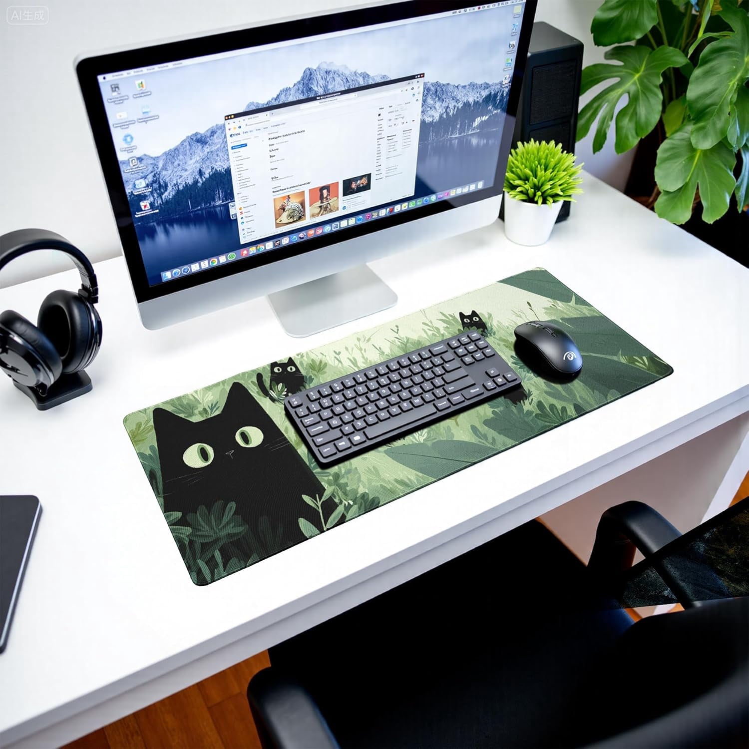 Black Cat Gaming Mouse Pad Large Desk Mat Extended Keyboard Mouse Pad Anime Mousepad with Non-Slip Base and Stitched Edge Mouse Mat Desk Pad 31.5 x 11.8 Mouse Pads for Desk Home Office Gaming