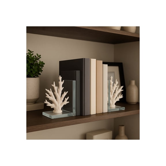 Decorative Coral on Glass Bookends - Coastal Inspired Book Ends for Bookshelf Decor or Book Accessories - Modern Office Desk Accent, Home Library, or Entryway Home Decor - Set of 2, 7.25", White
