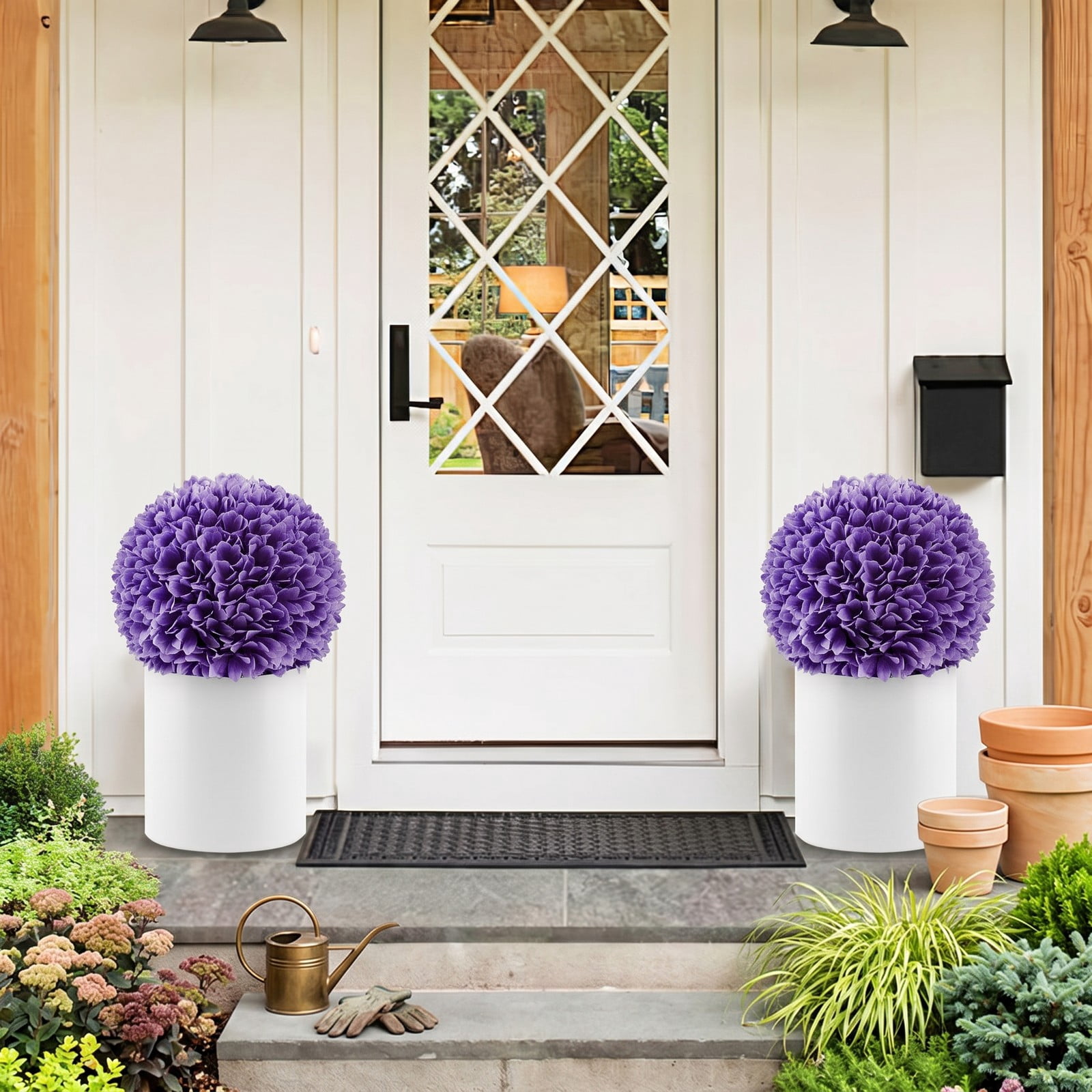 ALPULON 2 Pcs Artificial Plant Topiary Balls Faux Boxwood Decorative Balls, 11 Inch Lifelike PE Greenery Spheres for Indoor Outdoor Porch Yard Home Wedding, Purple