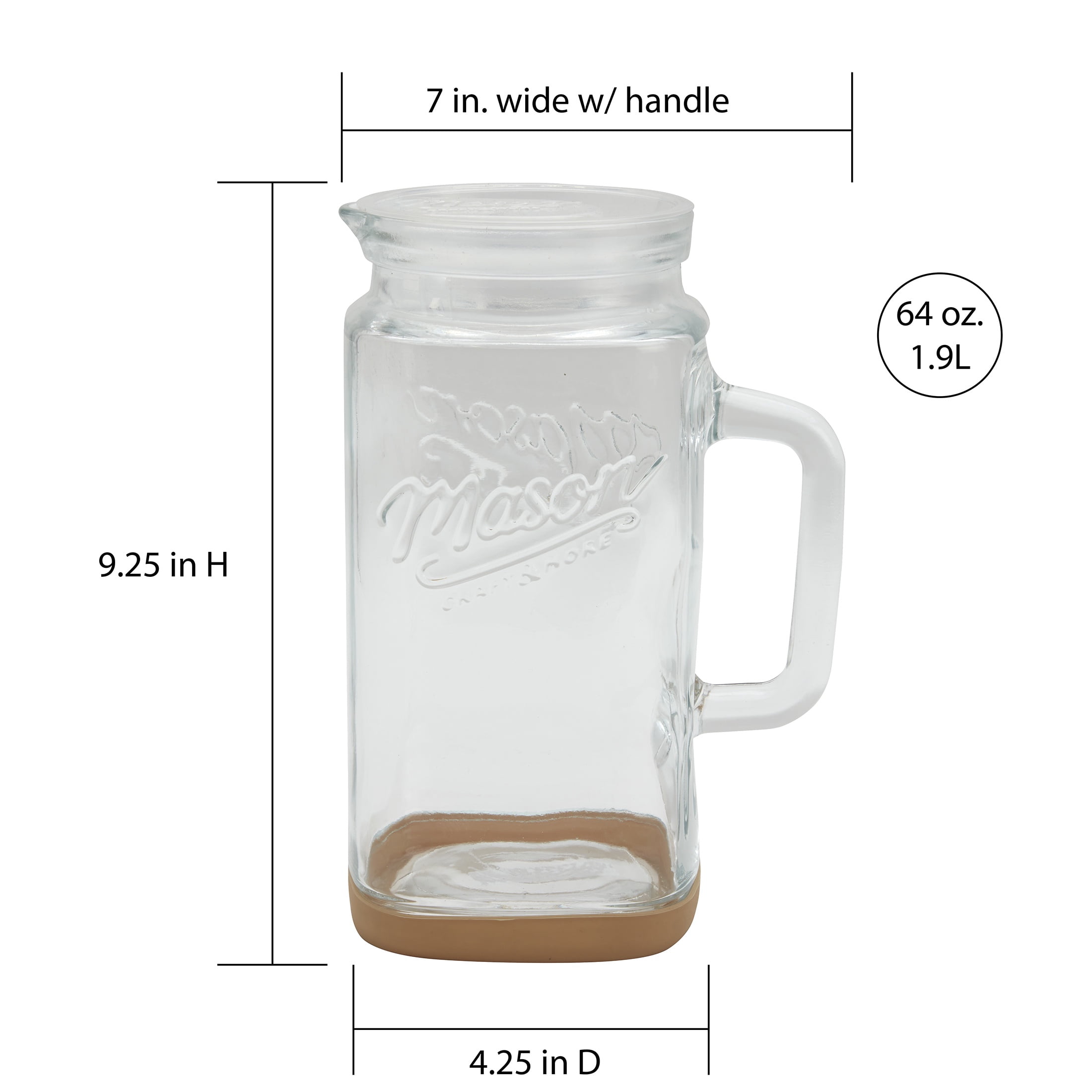 Mason Craft & More Glass 0.5 Gallon Pitcher with Removable Plastic Lid and Silicone Base, Tan, Useful for Serving Chilled Drinks