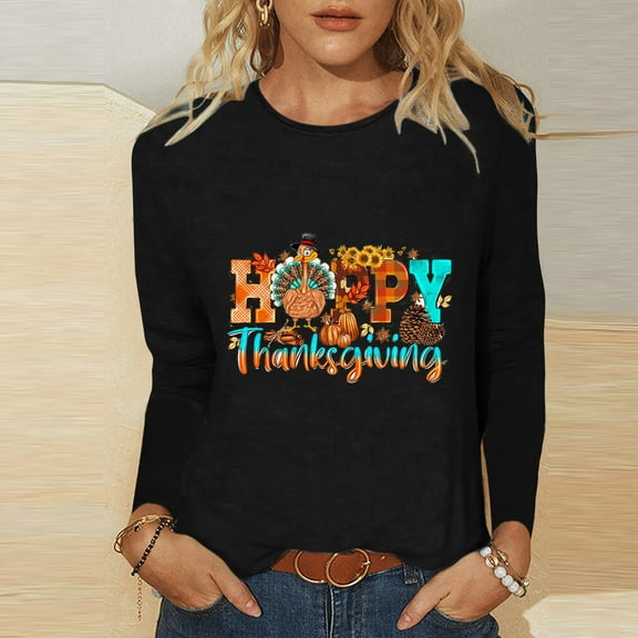 Yuwull Happy Thanksgiving Shirts for Women, Women's Fashion Printing Classic 3/4 Sleeve T-shirt Round Neck Tops