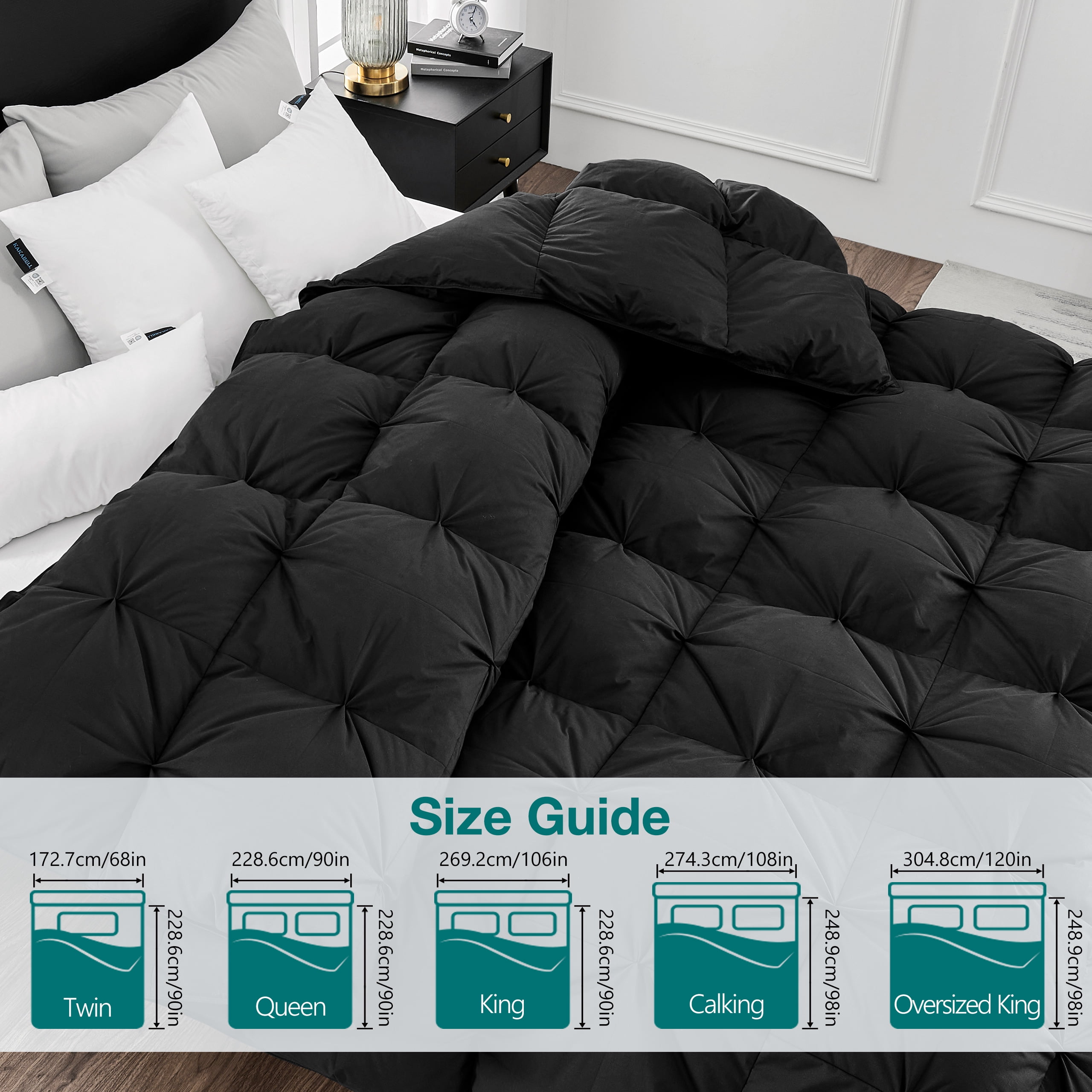Pinch Pleat Goose Down Comforter All Season-Ultra Soft and Cozy Noiseless Duvet Insert with Egyptian Cotton Cover, Fluffy Warm Comforter
