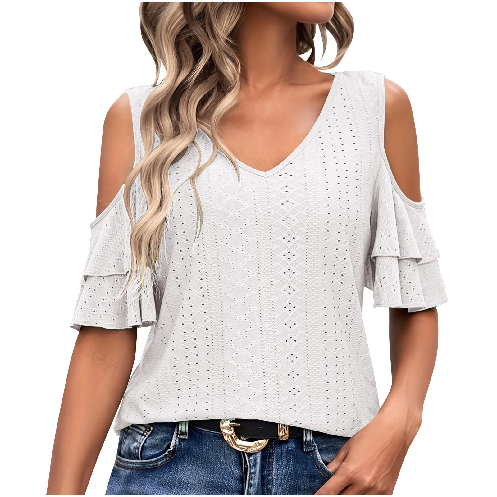 AherBiu Beach Tops for Women Eyelet Layered Ruffle Sleeve Cold Shoulder V Neck Summer Boho Shirts Blouse