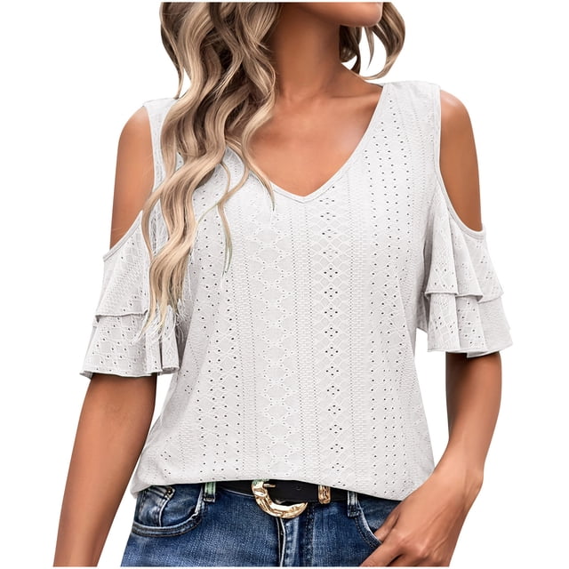 AherBiu Beach Tops for Women Eyelet Layered Ruffle Sleeve Cold Shoulder V Neck Summer Boho Shirts Blouse