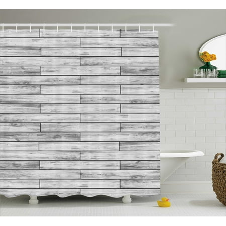 Wood Bathroom Set Taupe Shower Curtain, Picture of a Parquet Grey Wood Texture Rusty Retro Antique Aged Display Striped Tile, Fabric Bathroom Set with Hooks, Taupe Grey, by Ambesonne ()