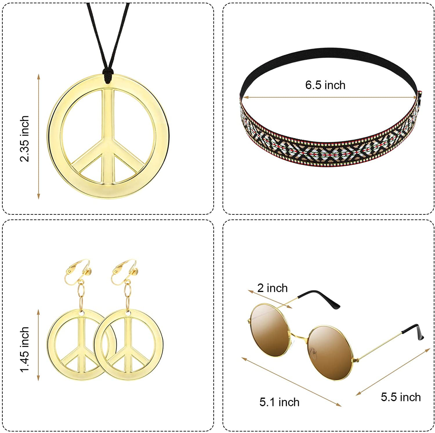 6 Pieces Hippie Costume Set Hippie Headband Sunglasses Peace Sign Necklace 