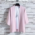 thumbnail image 4 of Mdesiwst Collarless 3/4 Sleeve Open Front Sunscreen Shirt Chinese Style Solid Color Casual Cardigan Daily Garment, 4 of 7