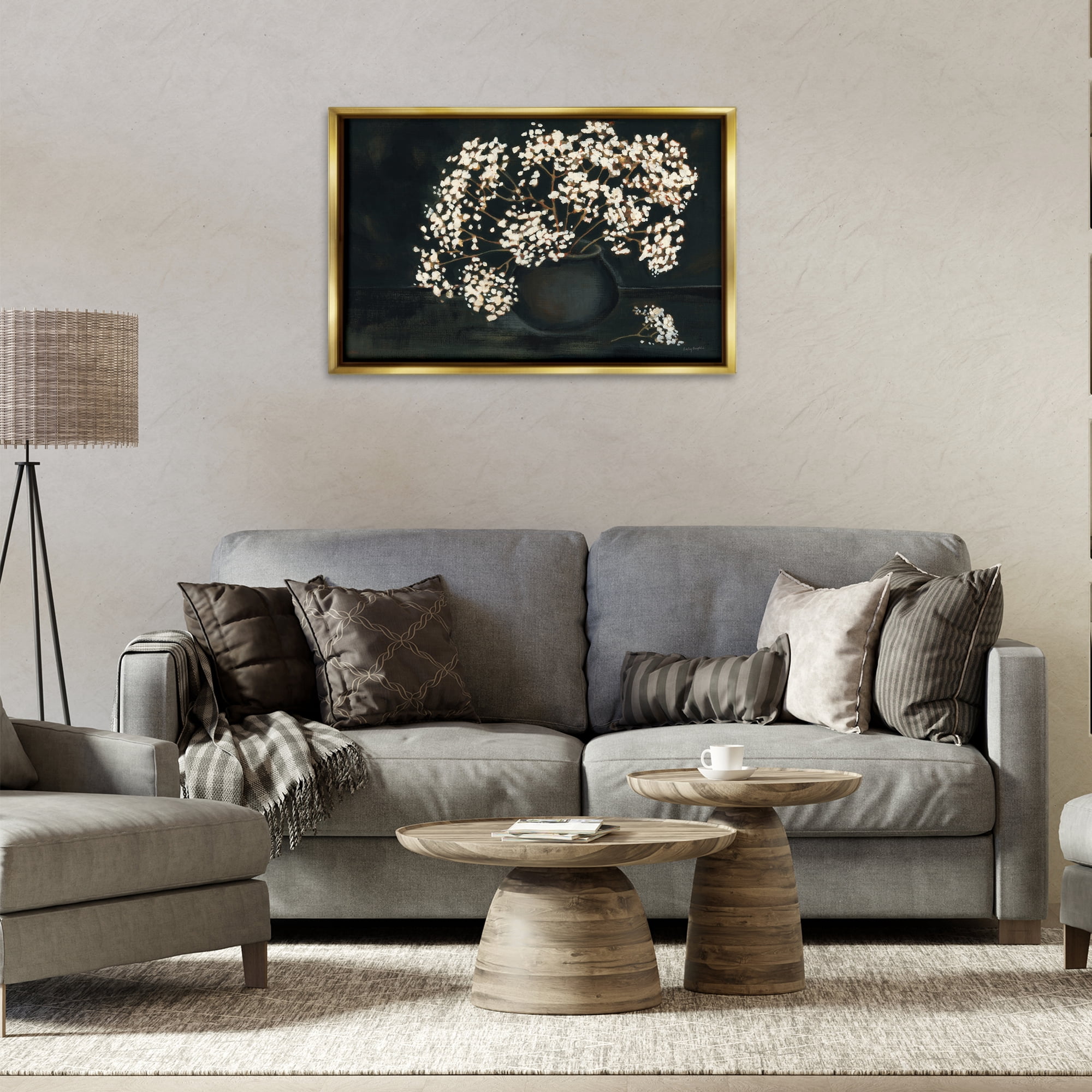 Stupell Industries Baby's Breath on Black Botanical & Floral Painting Gold Floater Framed Art Print Wall Art, 31 x 21