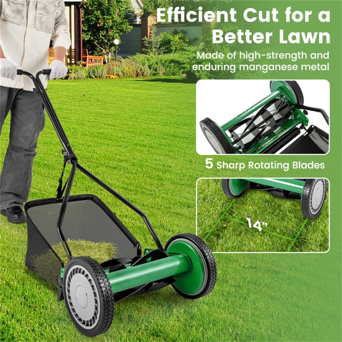 14 Inch Manual Push Lawn Mower, 4-Height Adjustable Hand Reel Mower with Grass Catcher Bag, Non-Electric Lawn Mower for Garden Yard