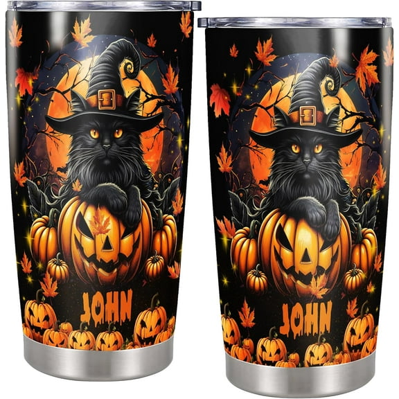 Personalized Halloween Black Cat Tumbler Custom Name Spooky Travel Mug Coffee Insulated Cup with Lid Stainless Steel 20Oz 30Oz Decor Gifts for Women Men Kids