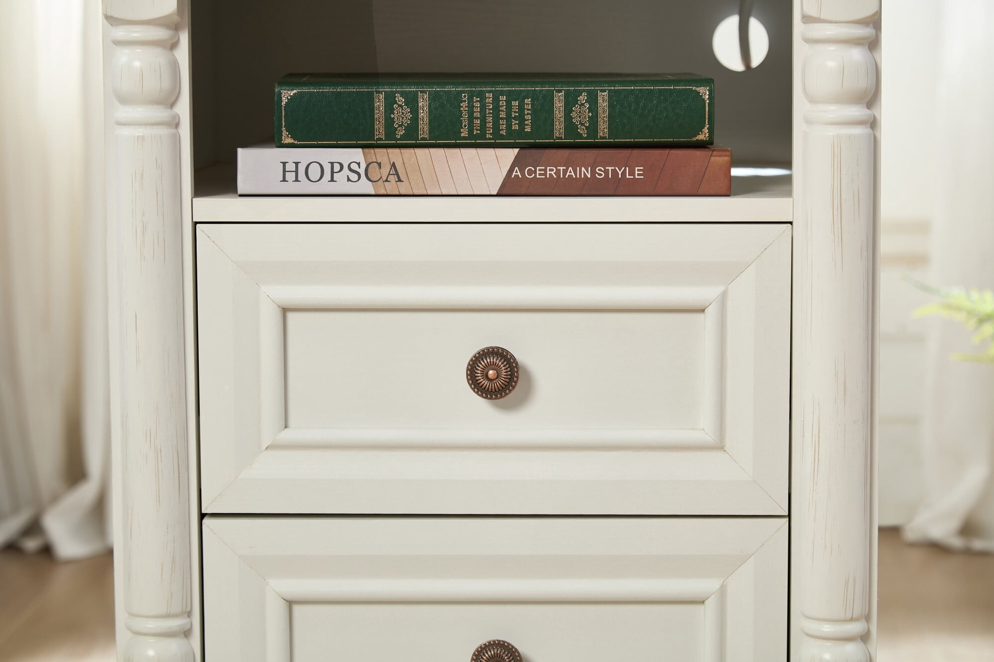 AENKYO Farmhouse 2-Drawer Nightstand with Charging Station, Rustic Wooden End Table for Bedroom & Living Room, White
