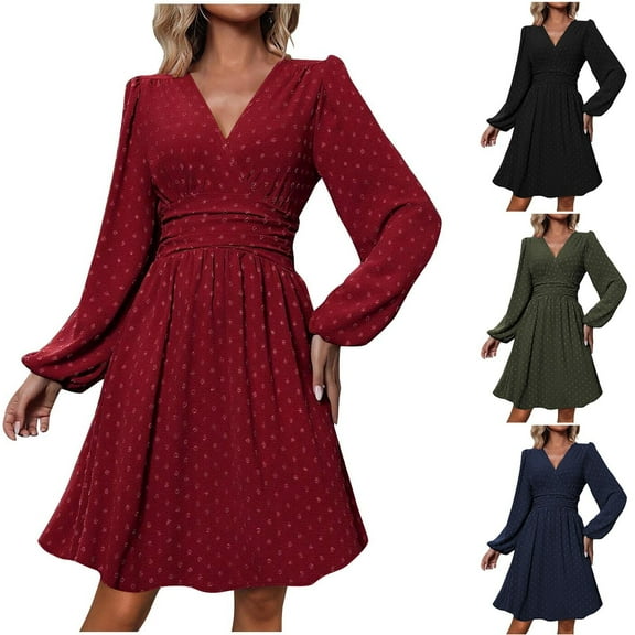 Ashirexll Midi Dresses for Women, Womens Long Sleeve Dresses, Fashion Solid Color V-Neck Casual Knee Length Fall Winter