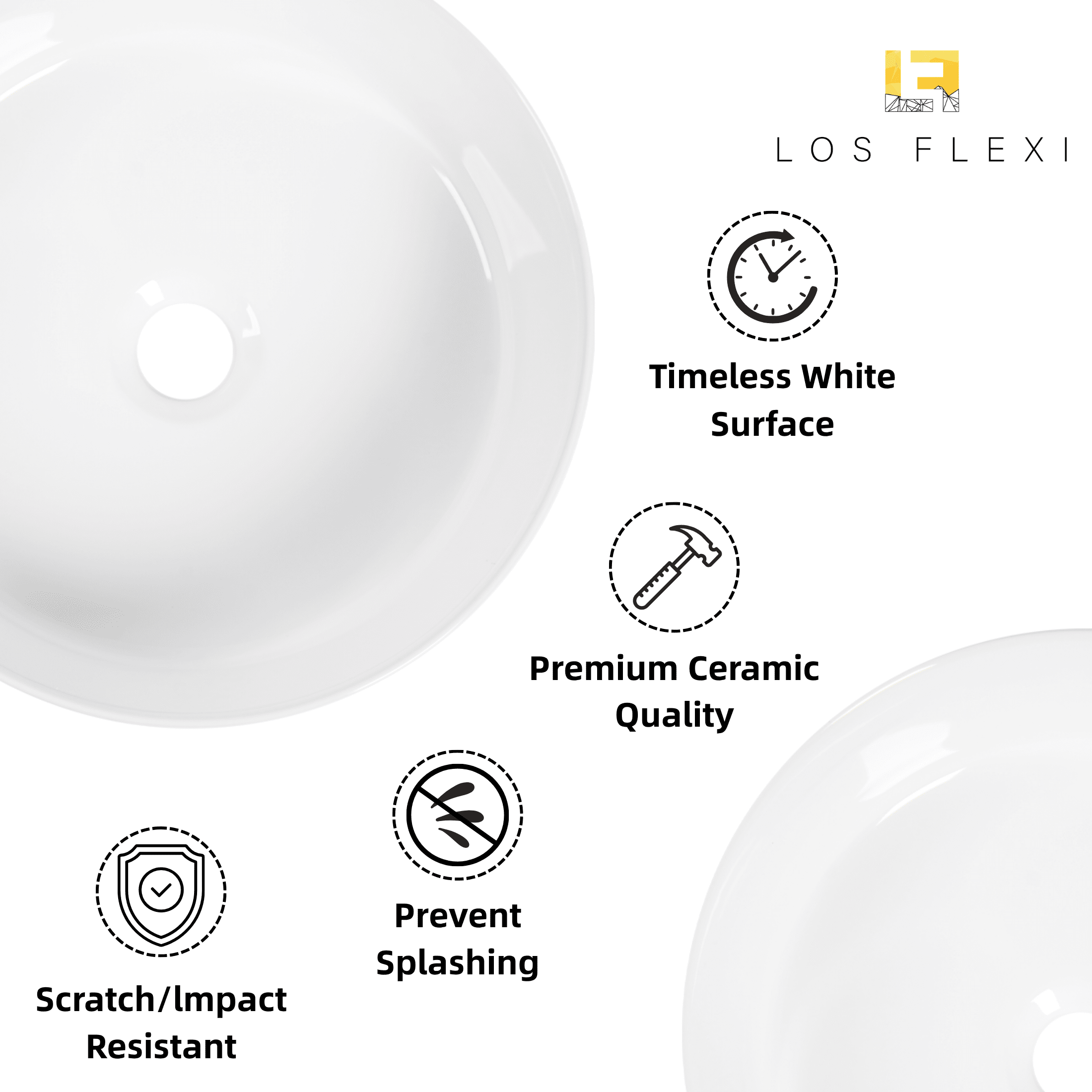 Los Flexi 14" Round Ceramic Semi-Recessed Bathroom Sink without Overflow, White Vessel Basin with Glossy Scratch-Resistant Finish, Drop-In or Countertop Installation